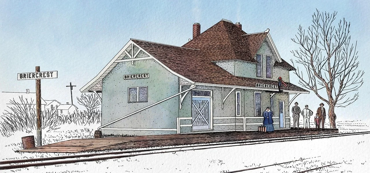 landscape, building, old building, briercrest, saskatchewan, prairie, winter, historic, train station, railway station, railway, waiting, pen, ink, watercolor, painting, drawing, landscape, winter, winter, winter, train station, train station, railway station, watercolor, watercolor, watercolor, watercolor, watercolor, painting